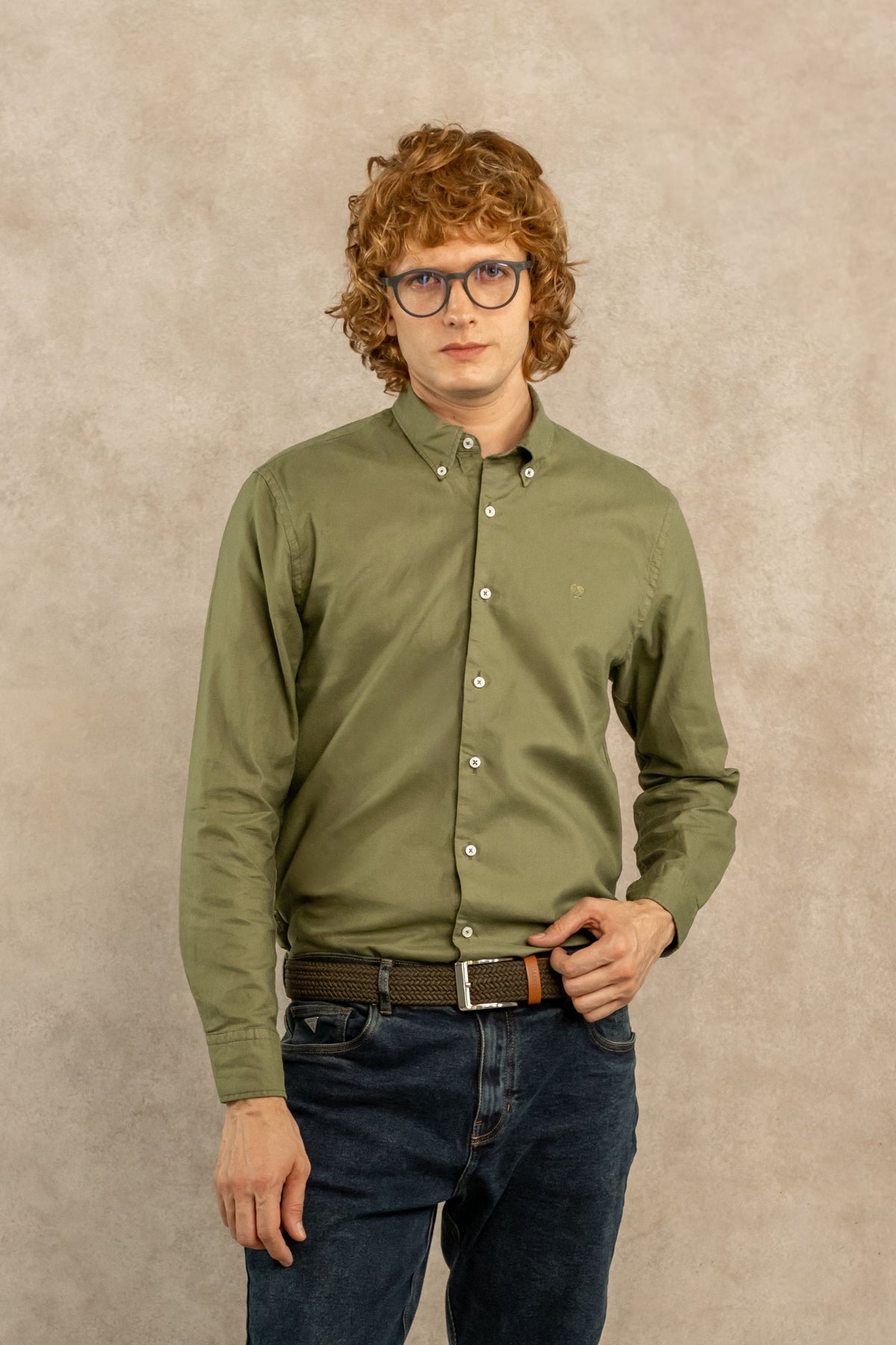 Camisa Antimanchas Oxford Verde Militar para Hombre