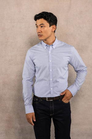 Camisa Antimanchas Popelina Cuadros Azul Claro Logo Combinado para Hombre